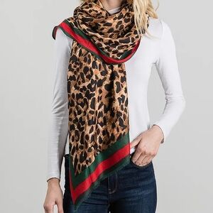 Leopard Print Scarf with Red and Green Accents